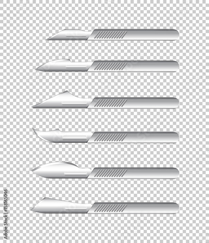 Different types of medical knives on transparent background