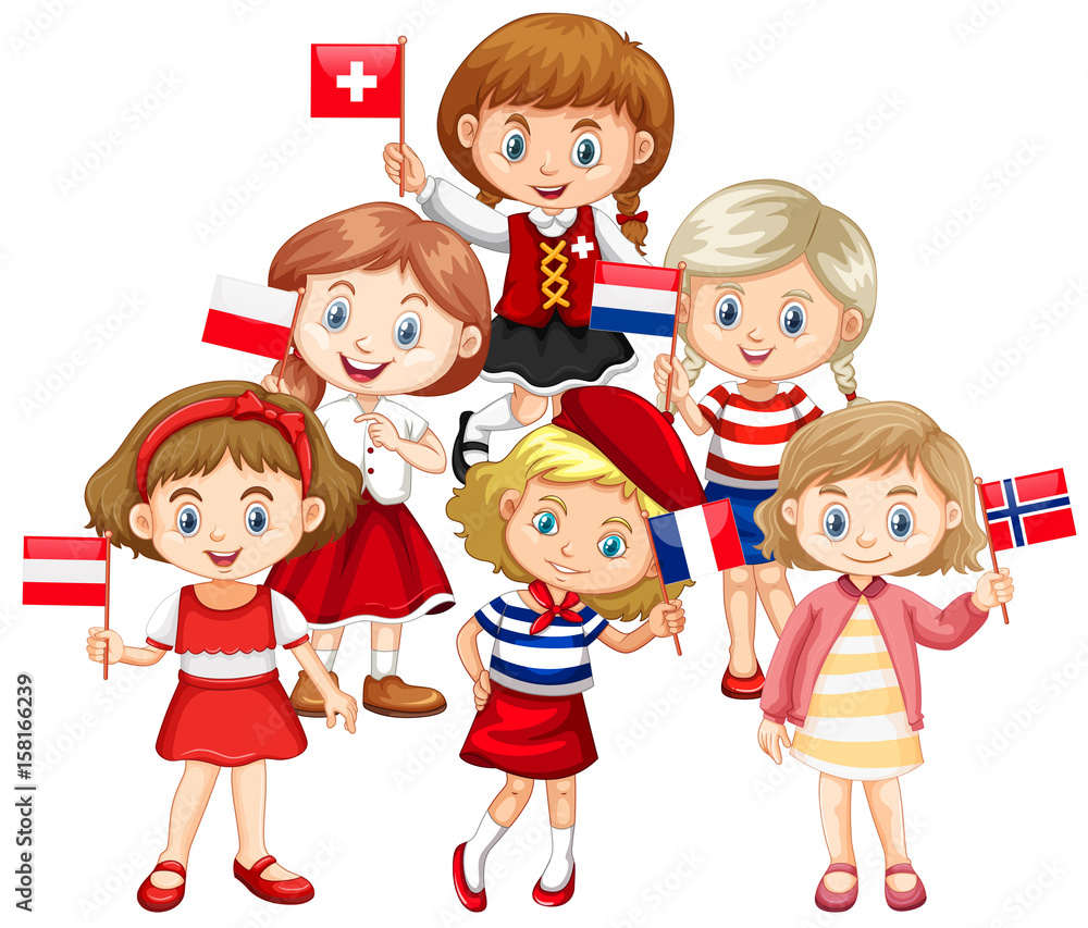 Kids holding flags from different countries