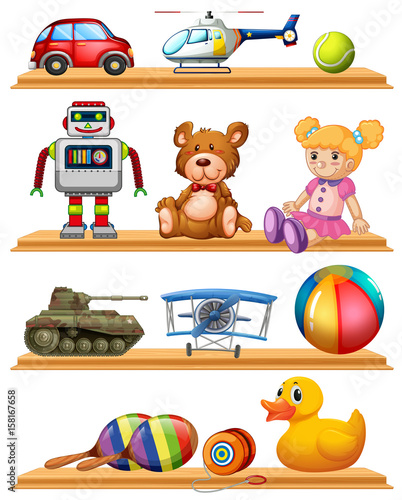 Different toys on wooden shelves