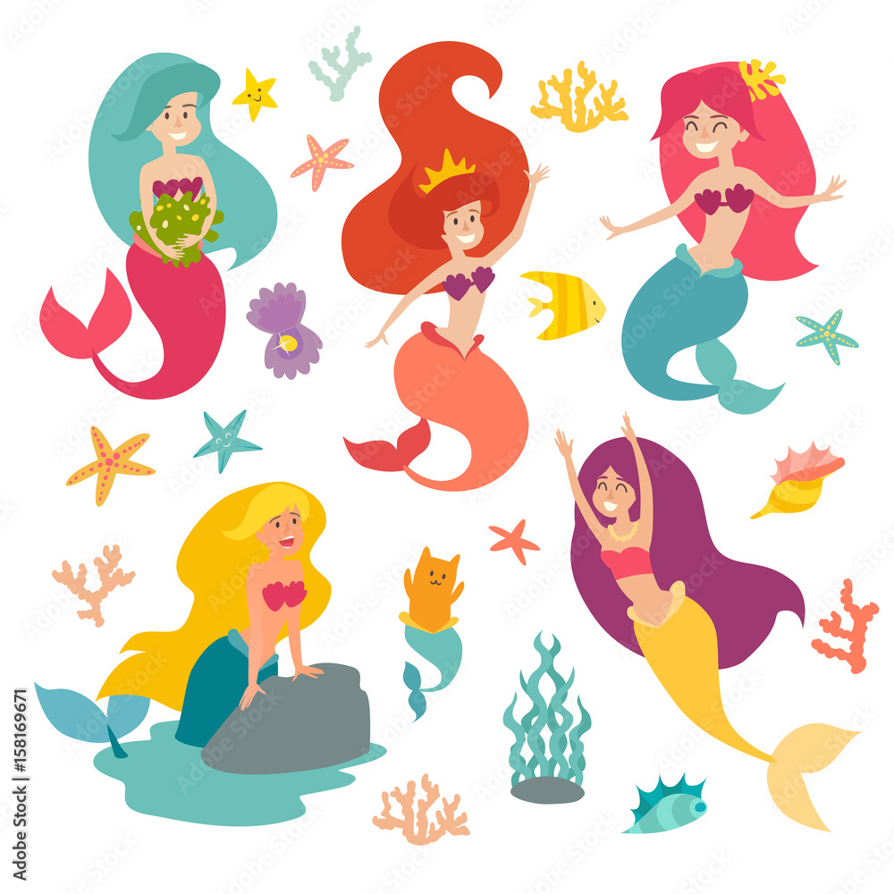 Mermaid girls vector illustration. Cute cartoon card with little mermaid. Under the sea. Pearl in the shell and starfish isolated on white. Sticker set cartoon style Mermaid girls vector illustration. Cute cartoon card with little mermaid. Under the sea. Pearl in the shell and starfish isolated on white. Sticker set cartoon style