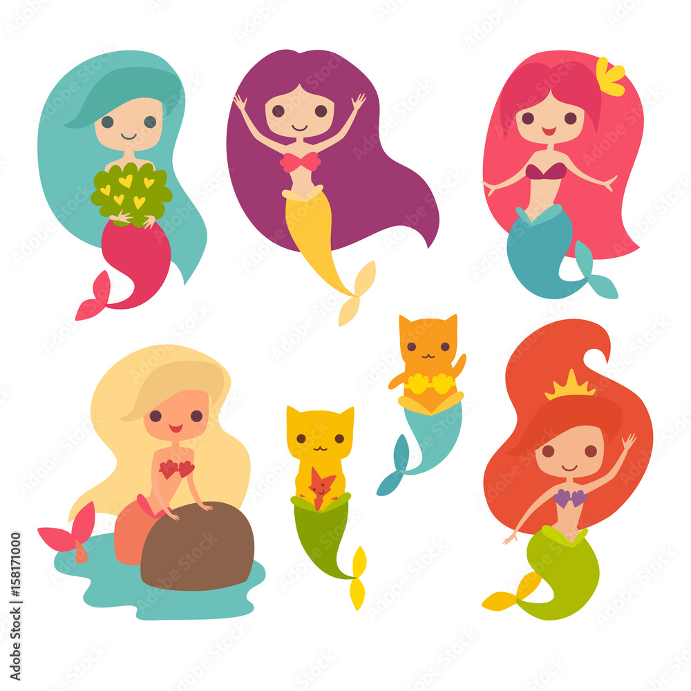 Mermaid girls vector illustration. Cute cartoon card with little mermaid. Cat mermaid under the sea. Isolated on white. Fish, corals and seaweed cartoon style Mermaid girls vector illustration. Cute cartoon card with little mermaid. Cat mermaid under the sea. Isolated on white. Fish, corals and seaweed cartoon style