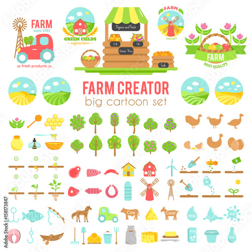 Farm creator. Big set of vector farming elements and animals background. Cartoon illustartion