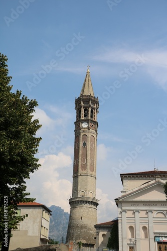 View to Bell Tower Church San Nicolo in Lecco on Lake Como, Lombardy Italy 