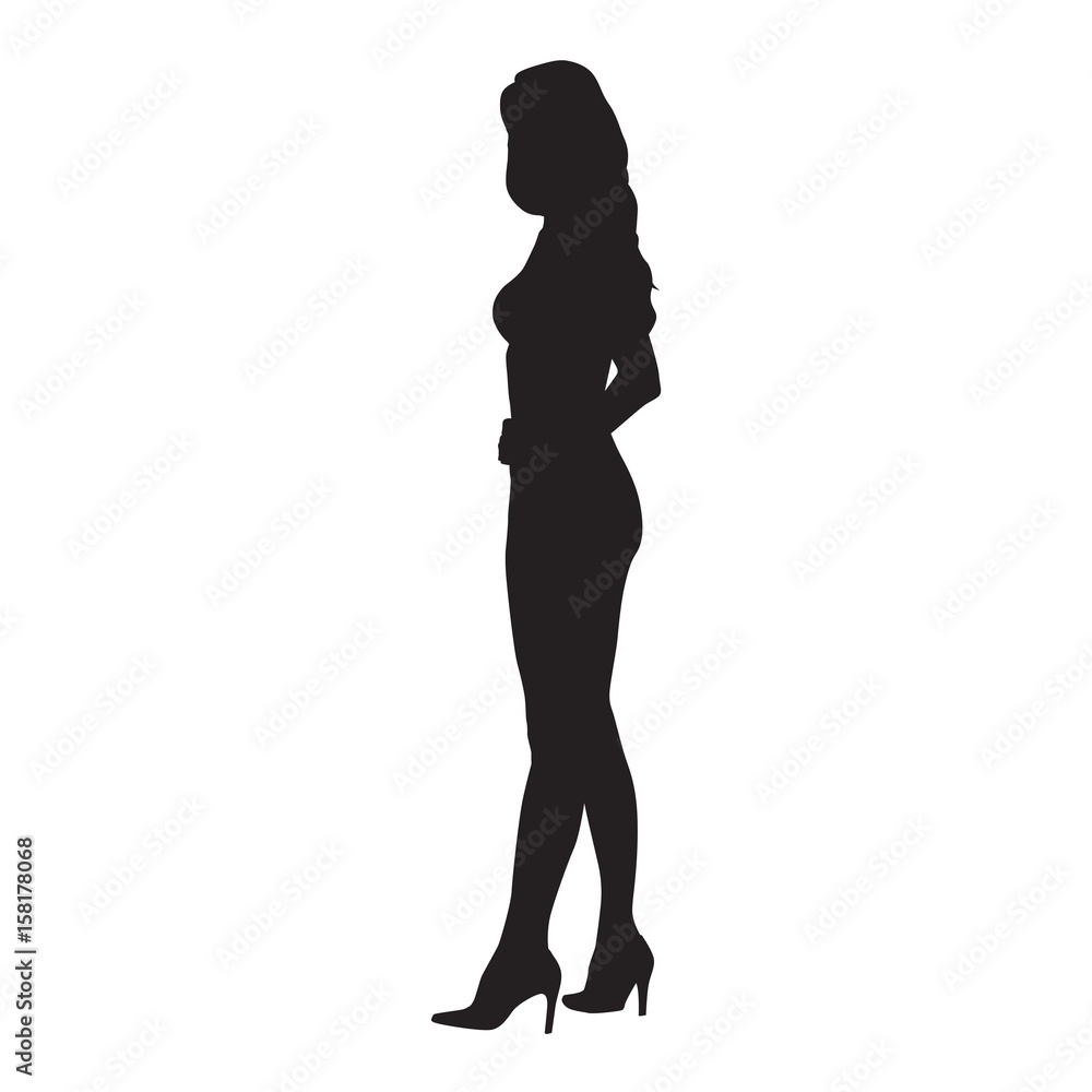 Young woman standing sideways in heel shoes, sexy slim lady, vector silhouette