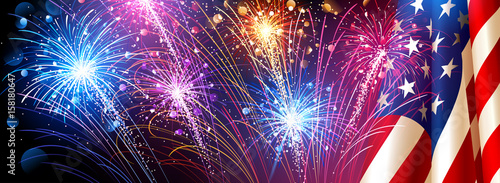 American flag with fireworks. Vector