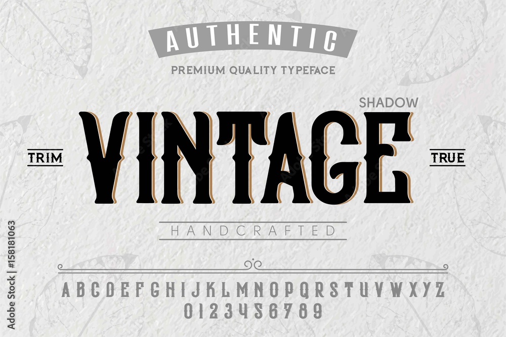 Font. Alphabet. Script. Typeface. Label.Vintage typeface. For labels and different type designs