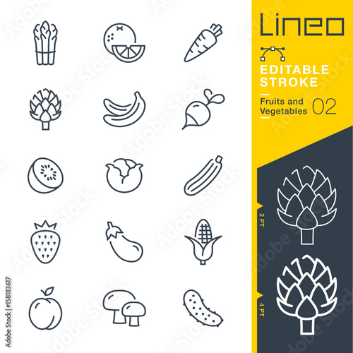 Lineo Editable Stroke - Fruits and Vegetables line icons
Vector Icons - Adjust stroke weight - Expand to any size - Change to any colour
