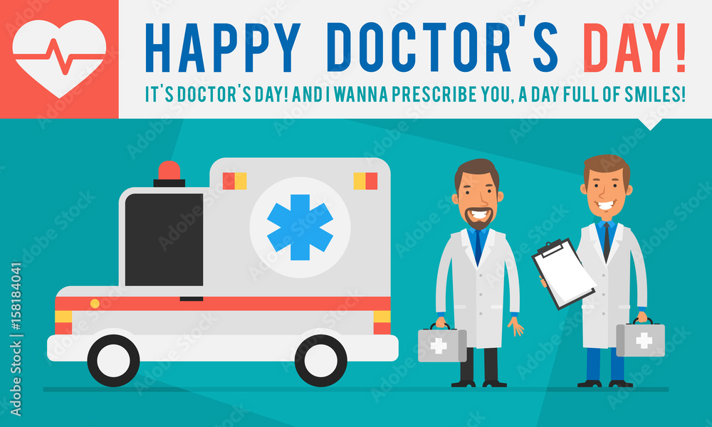 Concept Doctors Day Ambulance Car and Two Doctors Holding Suitcases Concept Doctors Day Ambulance Car and Two Doctors Holding Suitcases