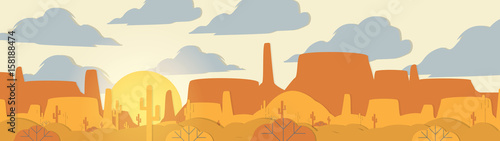 Paper-cut Style Applique Desert Panorama with Cactus and Mesa - Vector Illustration.