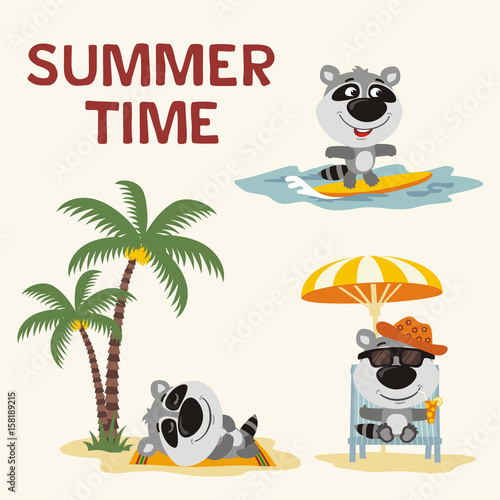 Summer time. Set happy raccoon resting on beach. Collection cartoon raccoon surfing, laying under palm tree, resting in sun lounger with cocktail. Stock Vector | Adobe Stock Summer time. Set happy raccoon resting on beach. Collection cartoon raccoon surfing, laying under palm tree, resting in sun lounger with cocktail. Stock Vector | Adobe Stock