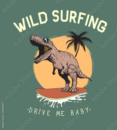 surfer tyrannosaur rides on surfboard