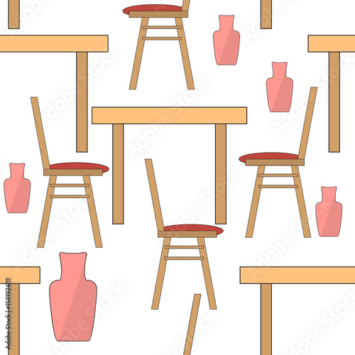 Furniture, Table, Chair and Vase Seamless Pattern Isolated on White Background.