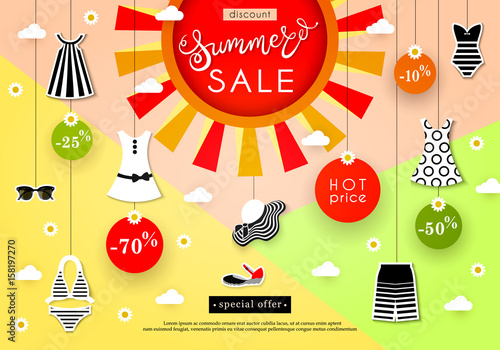 Banner Summer Sale. Discounts, hot price, special offer. Advertising of the shop and boutique of fashionable seasonal clothes, footwear and accessories. Vector illustration