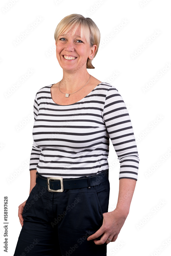 half-body portrait of attractive blonde candid european mature woman with striped shirt - isolated on white background half-body portrait of attractive blonde candid european mature woman with striped shirt - isolated on white background