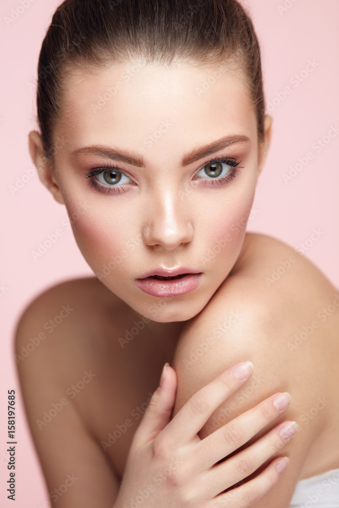 Naklejka premium Beauty Woman Face Makeup. Female With Fresh Facial Skin