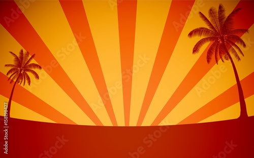 Silhouette palm tree and sunshine ray in flat icon design with vintage filter background 