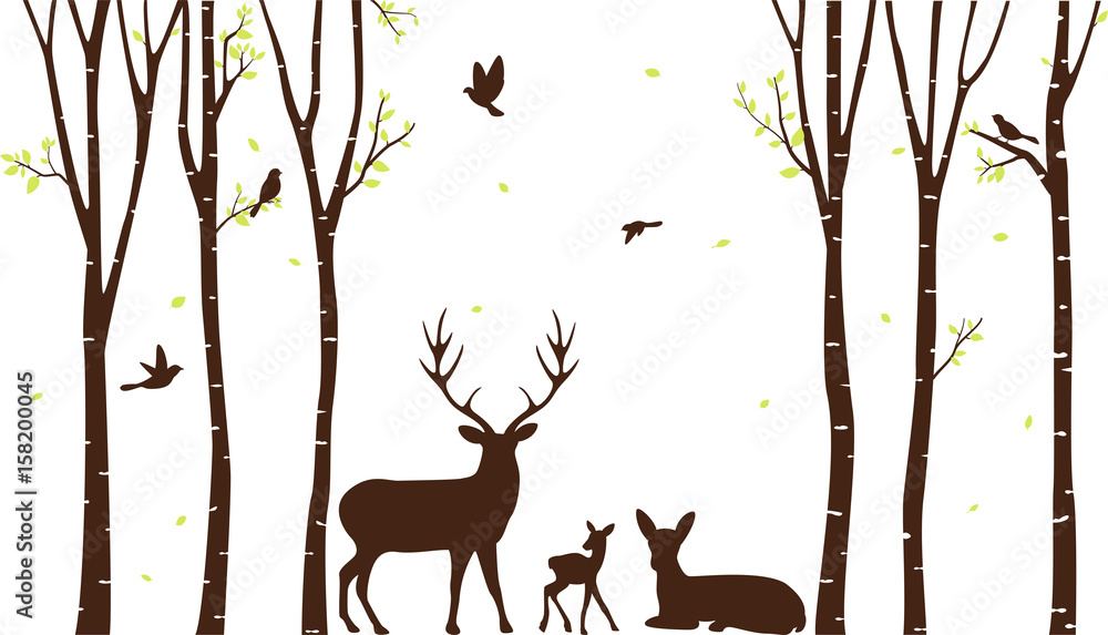 Naklejka Brzoza drzewo z jelenia i ptaki sylwetka tło