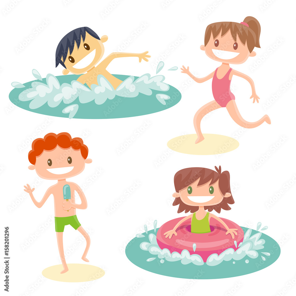 Set of isolated cartoon kids playing at the beach. A chinese boy swimming, a brown hair girl running, a red-haired boy eating an ice cream and a brown hair girl with a swimming float in the sea. Set of isolated cartoon kids playing at the beach. A chinese boy swimming, a brown hair girl running, a red-haired boy eating an ice cream and a brown hair girl with a swimming float in the sea.