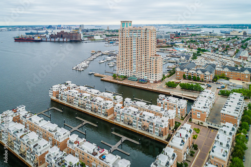 View of waterfront residences in the Inner Harbor, Baltimore, Maryland.