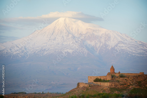Ancient monastery Khor Virap in Armenia with Ararat mountain on the background photo