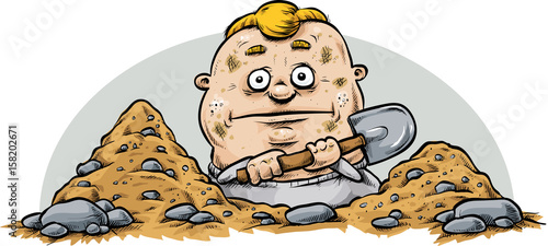 A cartoon man with a shovel digging a hole in the rocky ground.