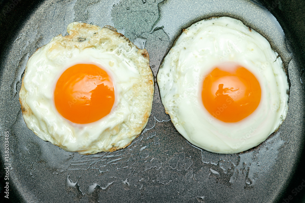 Top view of two fried egg in a pan