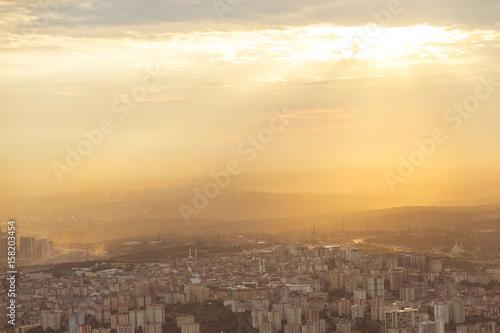 Istanbul view from air shows us amazing sunset scene