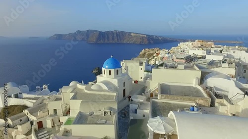 Aerial view flying over Oia on Santorini Greece