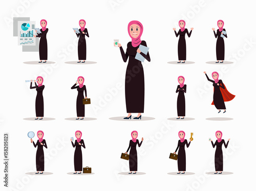 Set of Arabic businesswoman character poses. office life concept. flat design elements. vector illustration