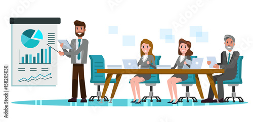 Business people in meeting room. Businessman presentation of the project. flat design elements. vector illustration