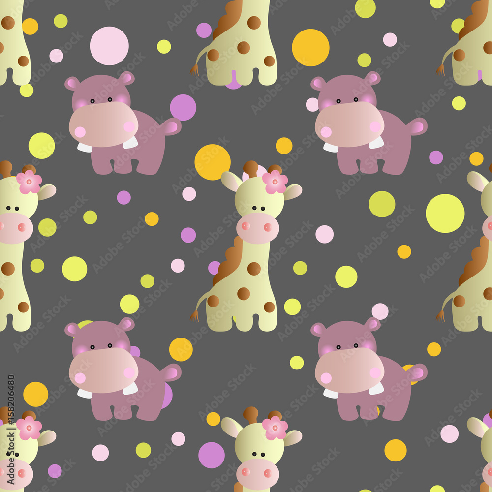 seamless pattern with cartoon cute toy baby behemoth, giraffe and Circles on a dark gray background seamless pattern with cartoon cute toy baby behemoth, giraffe and Circles on a dark gray background