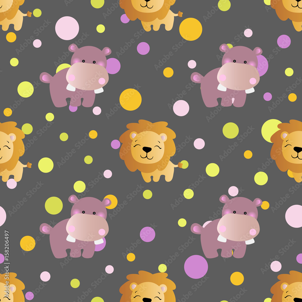 seamless pattern with cartoon cute toy baby behemoth, lion and Circles on a dark gray  background