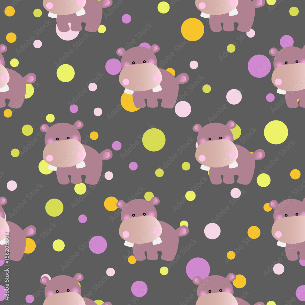 seamless pattern with cartoon cute toy baby behemoth and Circles on a dark gray background