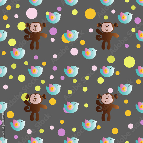 seamless pattern with cartoon cute toy baby monkey  bird and Circles on a dark gray background