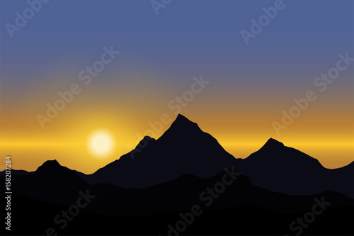 Panoramic view of the sunrise over the mountain landscape under blue sky - vector