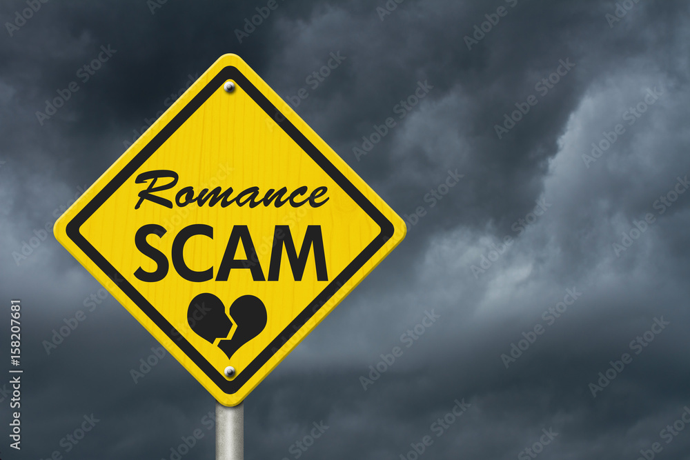 Romance Scam yellow warning sign Romance Scam yellow warning sign