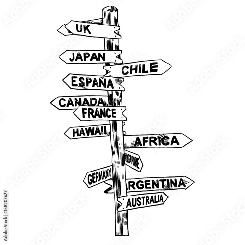 Direction signs different countries. Isolated illustration. Vector