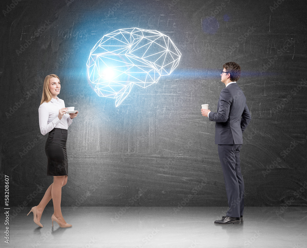 Business duo with coffee and a brain hologram Business duo with coffee and a brain hologram