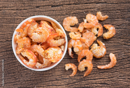 Dried Shrimps on wood Background