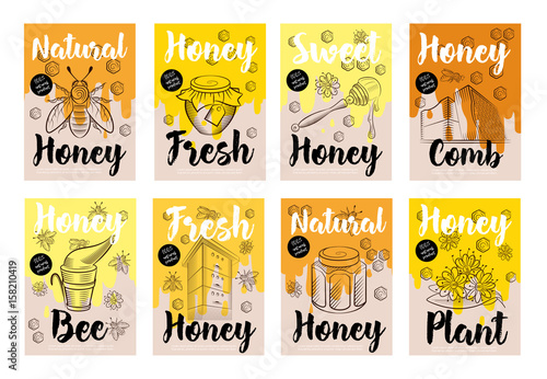 Set of hand-drawn posters with honey, bees.