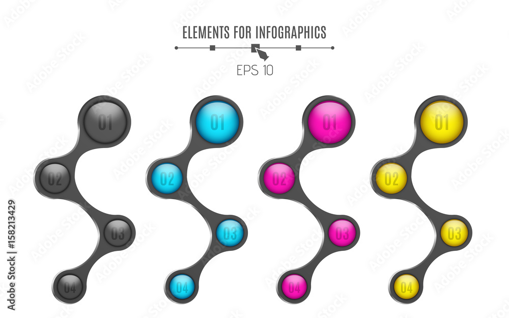 Realistic elements for infographics. Multicolored glossy balls. Option number. For your business project. 4 steps. A selection of metal elements. Vector illustration