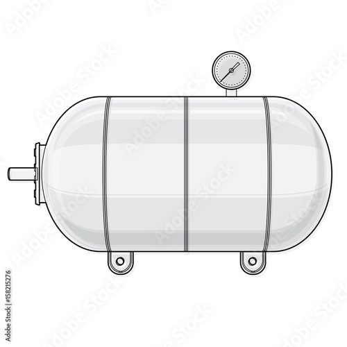 Outlined pressure vessel for water, gas, air. Pressure tank for storage of material, water. Valves, measuring unit, handles. Flatten icon illustration.