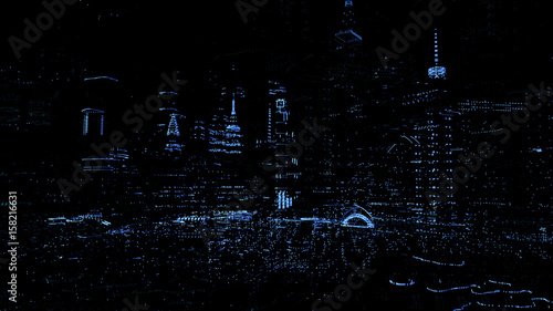 3d rendered concept of digital city. Dot particles skyscrapers. Abstract futuristic technology concept. Hologram style.