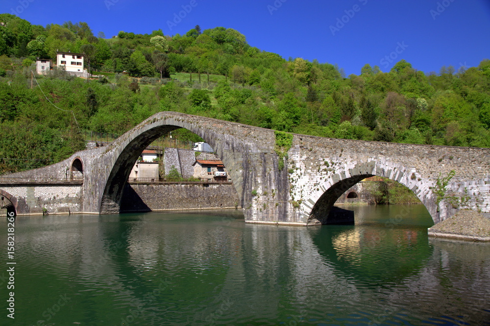 Medieval Devil's Bridge - Ponte della Maddalena near the town of Borgo a Mozzano, Tuscany, Italy