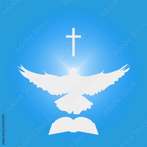 Illustration for Christian Community: Dove as Holy spirit, cross, Bible.