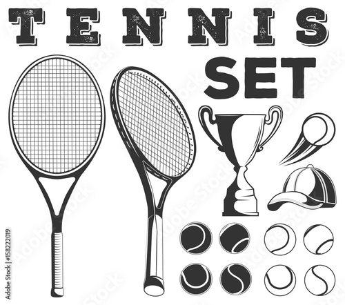 Vector monochrome set of tennis game elements on white background