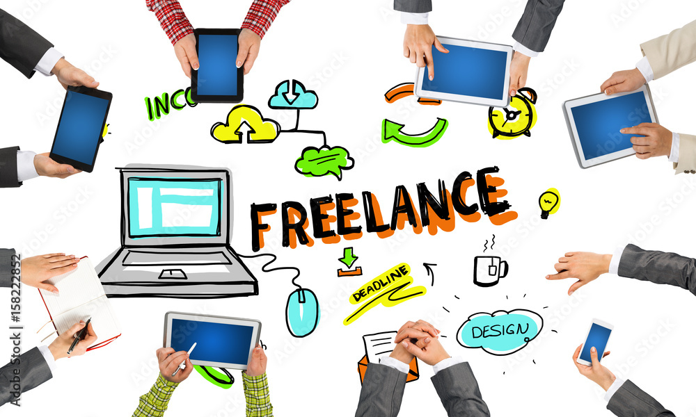 Top view of businesspeople sitting at table and using gadgets