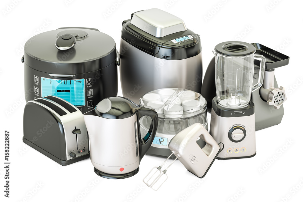 Set of kitchen home appliances. Toaster, kettle, mixer, blender, "yogurt  maker", multicooker, grinder, bread machine, 3D rendering ilustración de  Stock | Adobe Stock