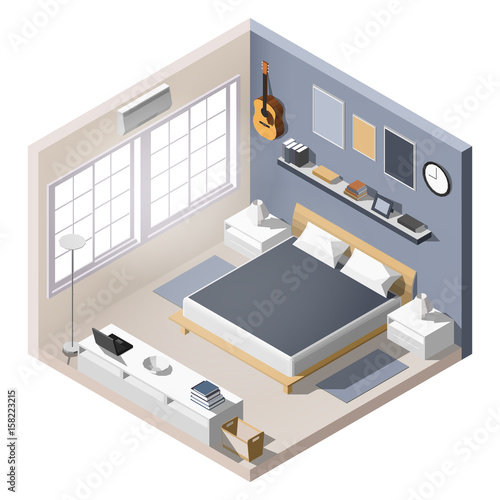 Isometric interior, room of a house, cutaway icon. light bedroom. Home furniture. Blue wall, bed, windows, books, lamps. Vector illustration