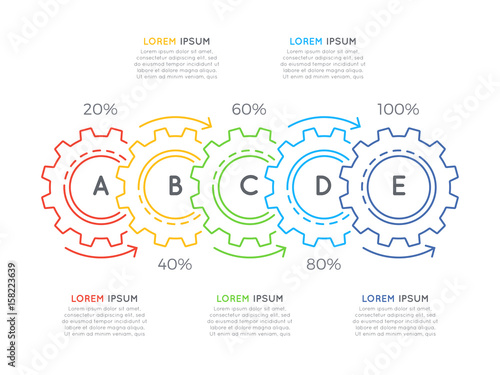 Thin line business infographic template with gears cogwheels 5 steps